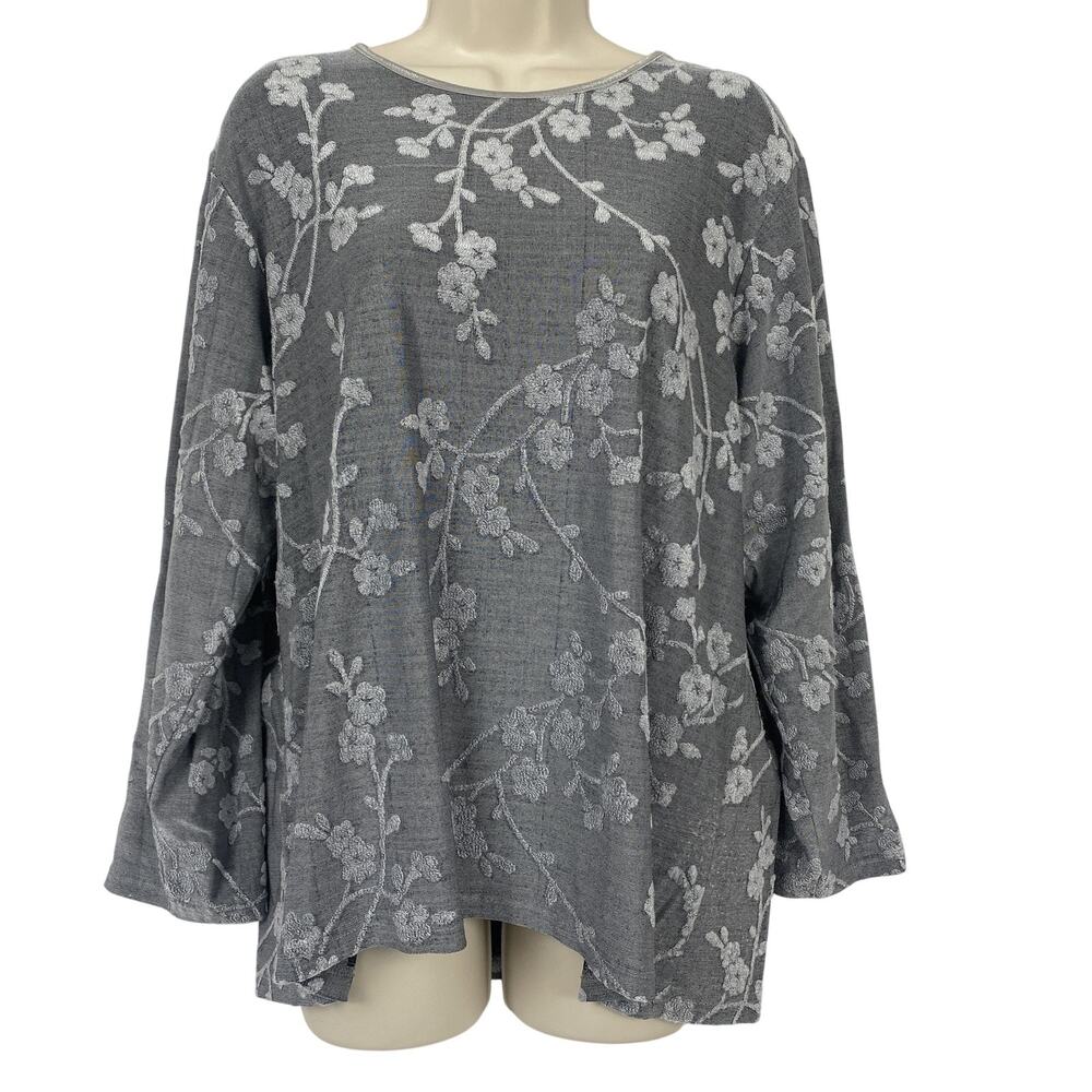 Vintage Fashion Bug Top Womens 18/20W Gray Floral Jacquard Slinky Knit 90s Y2K